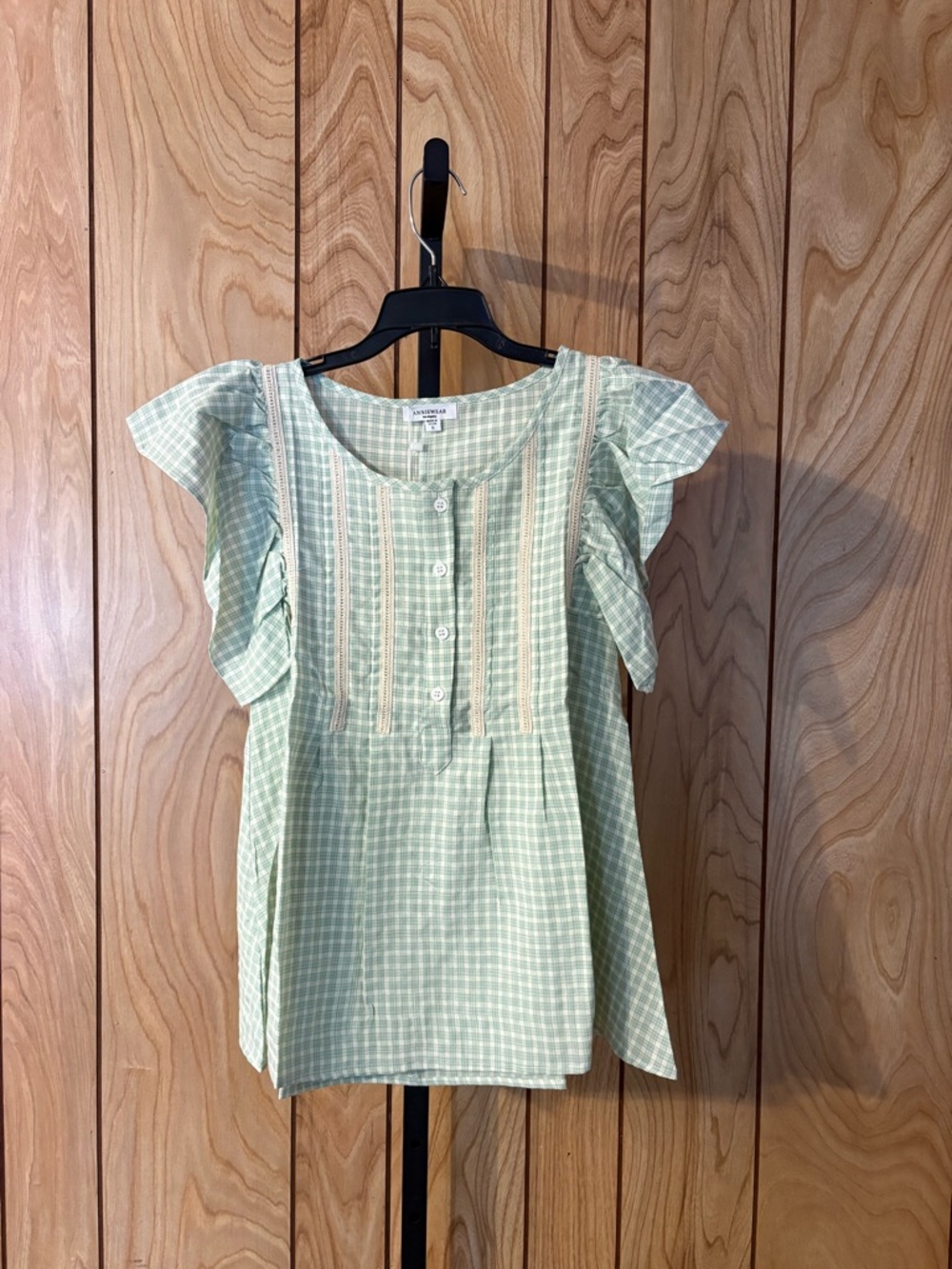 Anniewear Gingham Blouse Size Small Sage Green Ruffle Sleeve Button Front